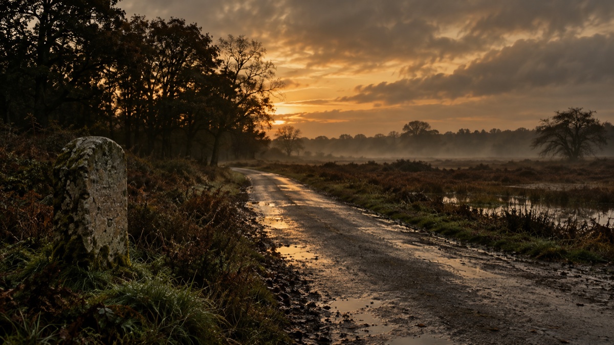 Illustration contemporaine : Route vide sur une lande au crépuscule, bordée d’un bosquet et d’une borne sans inscription lisible.