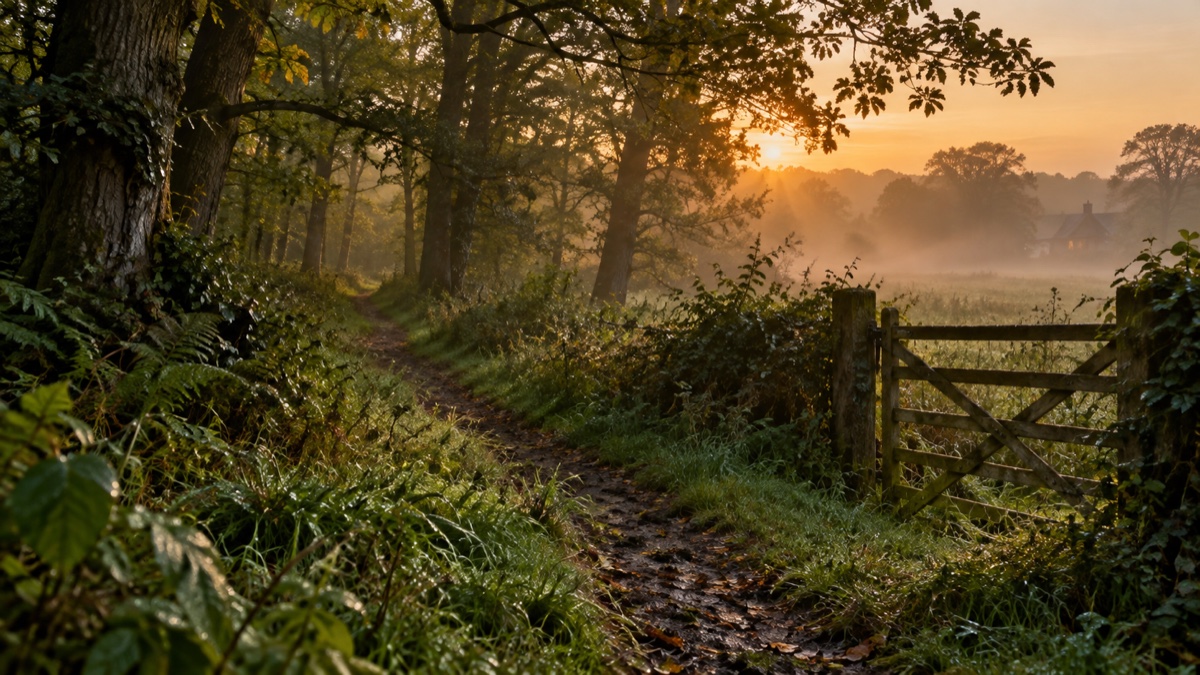 Illustration contemporaine : Sentier humide dans un bois anglais à l’aube, avec herbe intacte et porte de jardin en bois, évocation de Walthamstow et Epping Forest.