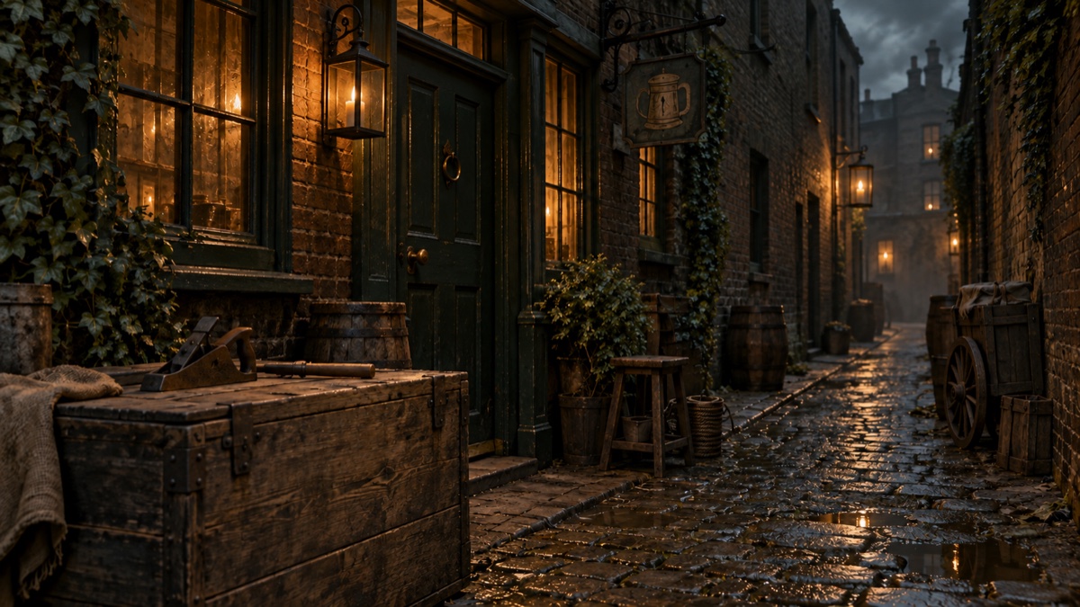 Illustration contemporaine : Ruelle londonienne ancienne et caisse de charpentier près d’une auberge anonyme.