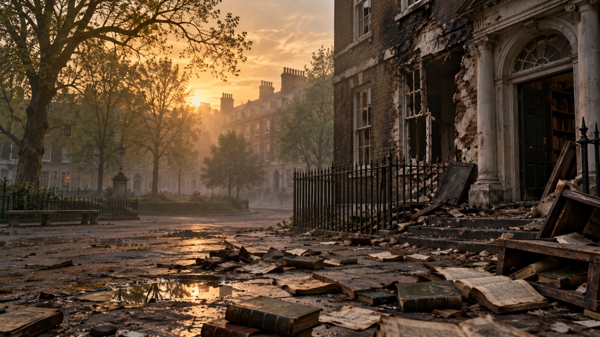 Illustration contemporaine : Façade géorgienne endommagée et livres épars dans une rue londonienne vide à l’aube.