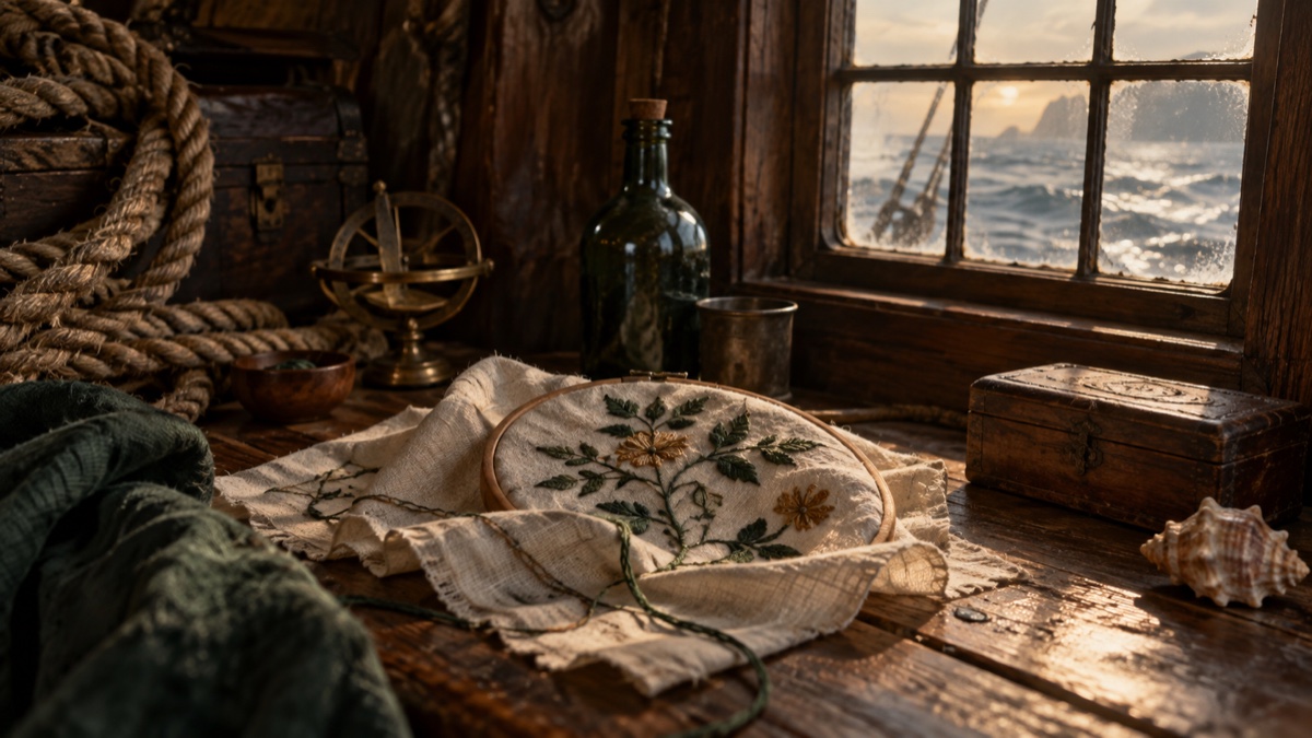Illustration contemporaine : Petit ouvrage de broderie sans texte sur une table de bois, près d’une fenêtre de cabine et d’une corde.