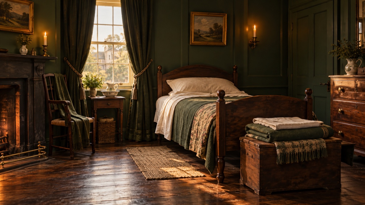 Illustration contemporaine : Un lit de bois et du linge plié dans une chambre sobre évoquent les indices matériels du récit, sans scène violente.