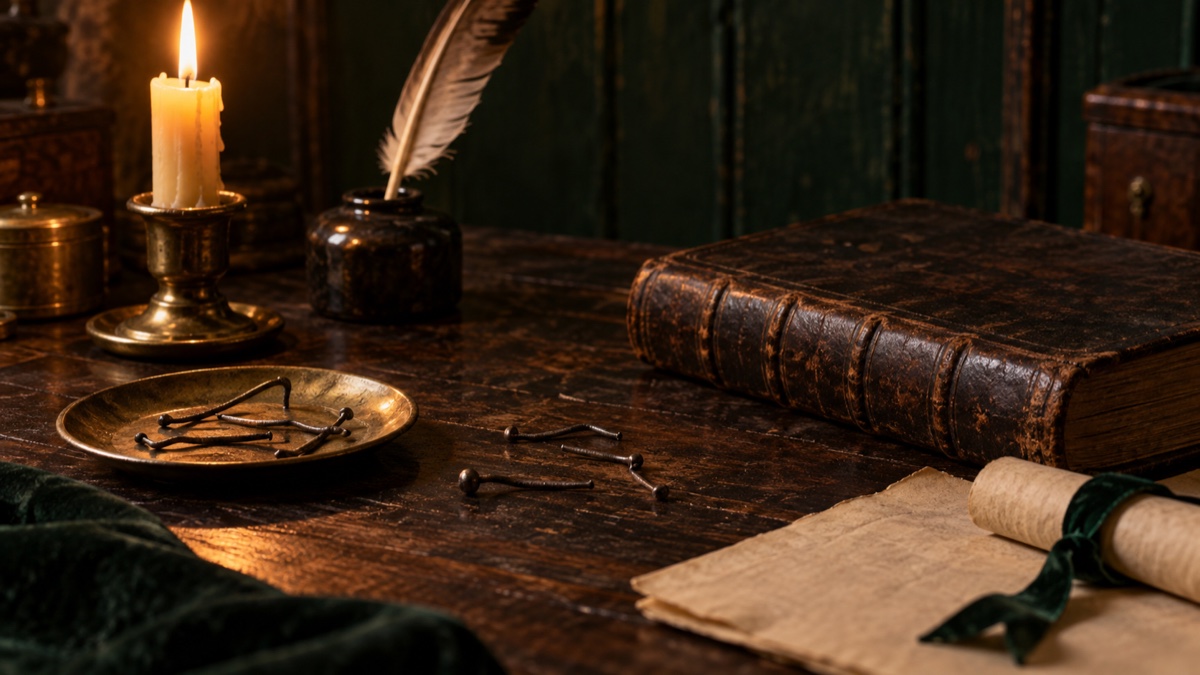 Illustration contemporaine : Épingles tordues à côté d’un livre fermé et d’une plume sur une table du XVIIe siècle.