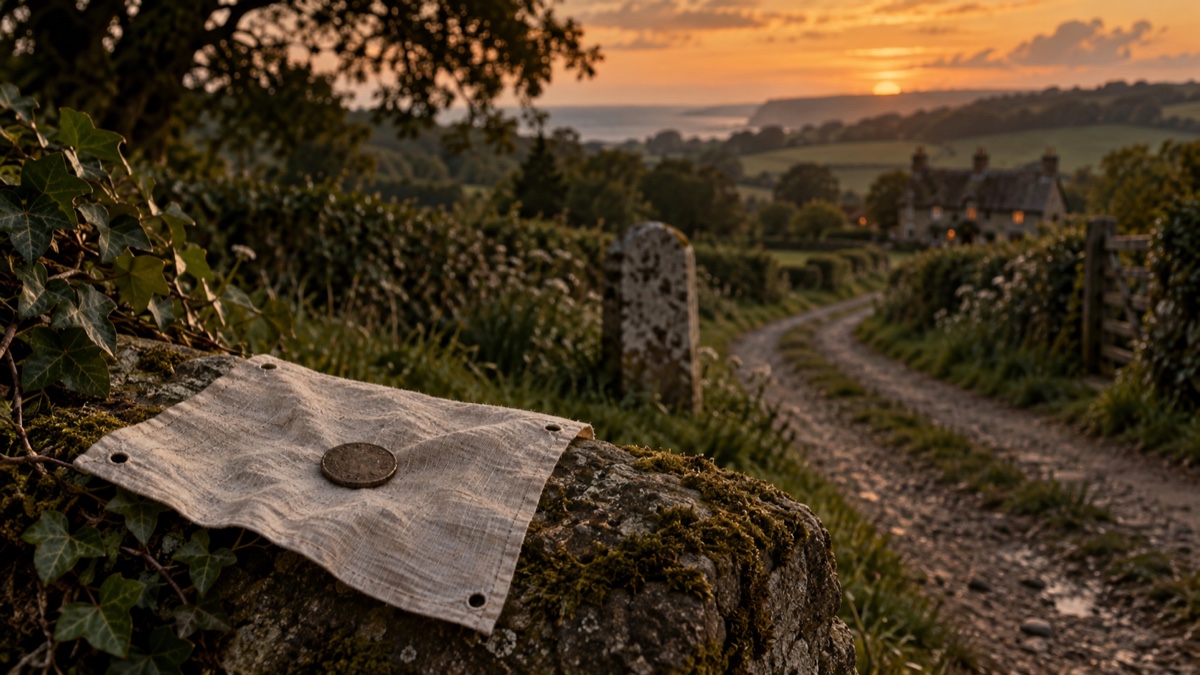 Illustration contemporaine : Chemin rural au crépuscule avec une borne de pierre, un mouchoir troué et une pièce sans inscription.