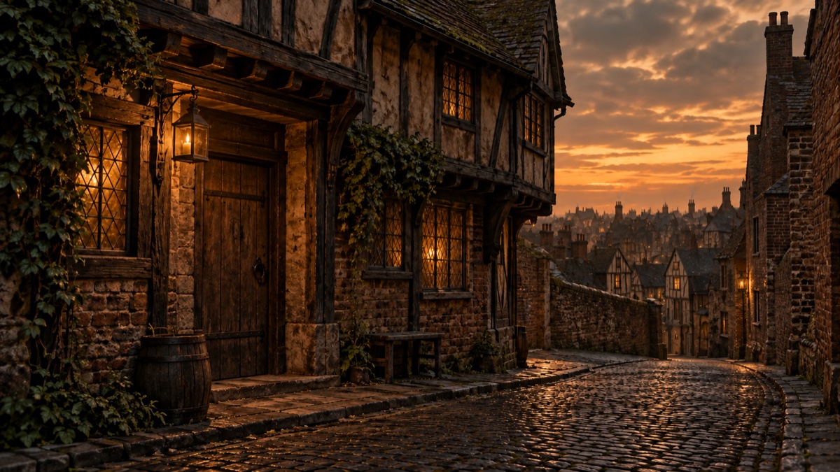 Illustration contemporaine : Rue londonienne ancienne et porte d’auberge fermée au crépuscule, sans personne.