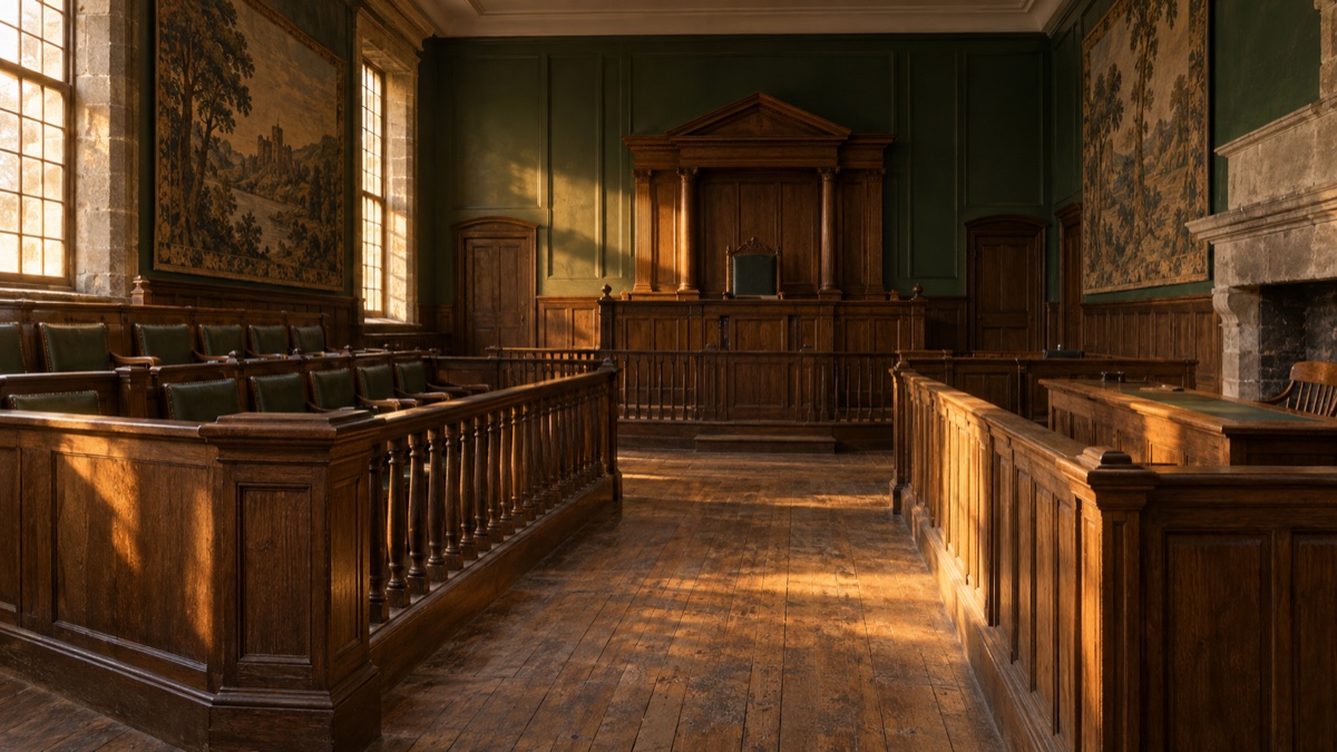 Illustration contemporaine : Un banc de jury et la barre dans une salle d’audience vide évoquent le débat sur la portée d’un verdict.