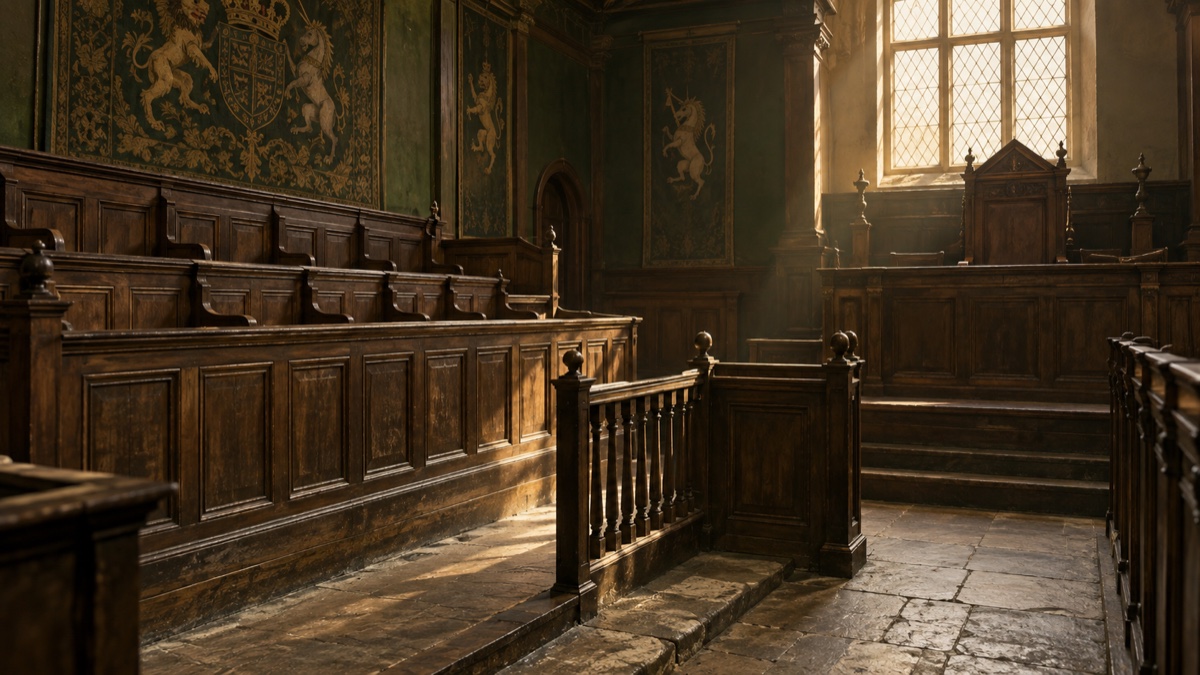 Illustration contemporaine : Une salle d’audience vide du XVIIe siècle, avec banc du jury et barre, évoque le procès de Penn et Mead.