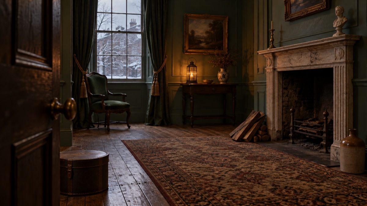 Illustration contemporaine : Salon londonien ancien, porte en bois et boîte à chapeau près d’un foyer éteint, neige derrière la fenêtre.