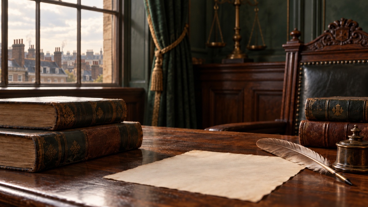 Illustration contemporaine : Des livres de droit fermés et une plume reposent sur une table vide éclairée par une fenêtre.