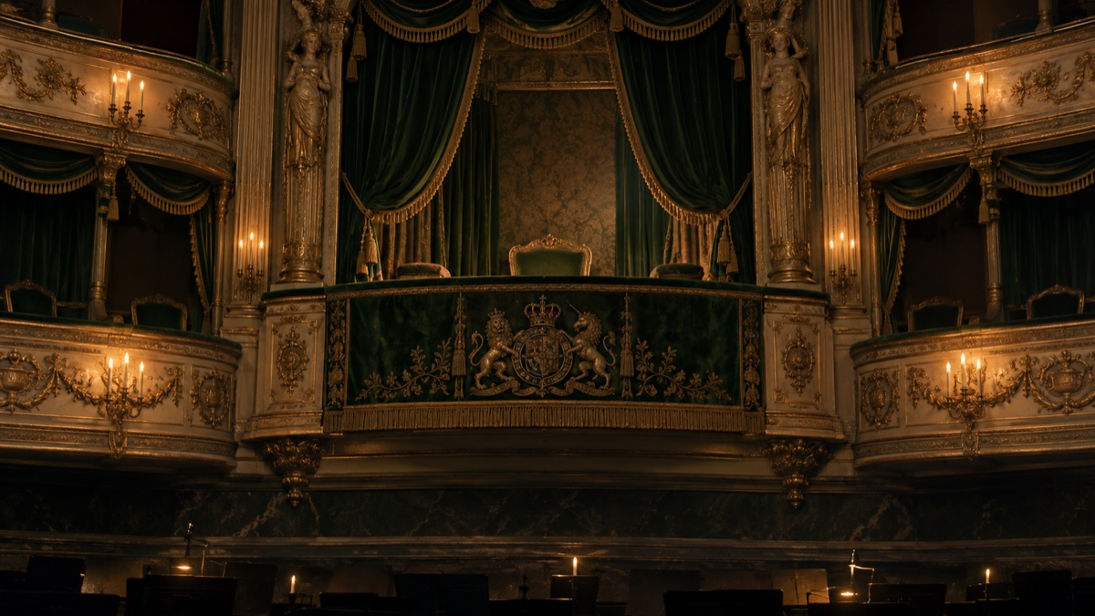 Illustration contemporaine : Une loge royale vide surplombe la fosse silencieuse d’un théâtre géorgien éclairé à la chandelle.