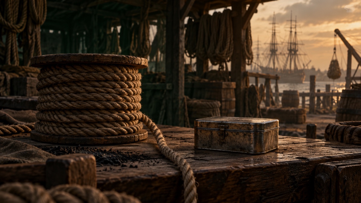 Illustration contemporaine : Étui de fer-blanc fermé à côté d’une bobine de cordage dans un atelier de chantier naval du XVIIIe siècle.