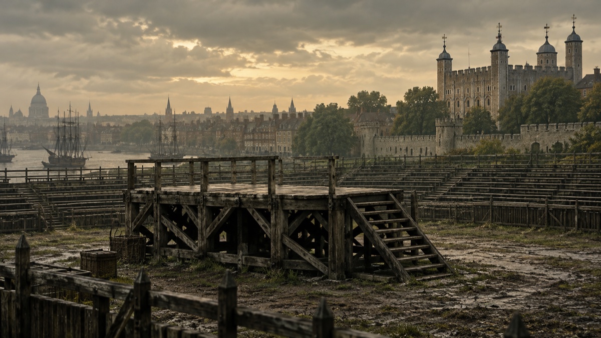 Illustration contemporaine : Échafaudage temporaire en bois vide près de Tower Hill, évoquant Londres en 1747 sans représenter l’exécution.