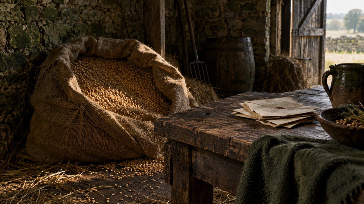 Illustration contemporaine : Sac de grain ouvert et lettres pliées sur une table dans une grange, évocation de l’affaire Haynes et Clarke.
