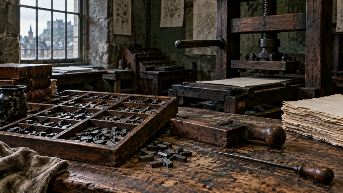 Illustration contemporaine : Une presse en bois et des caractères métalliques reposent sur une table d’atelier près d’une fenêtre.
