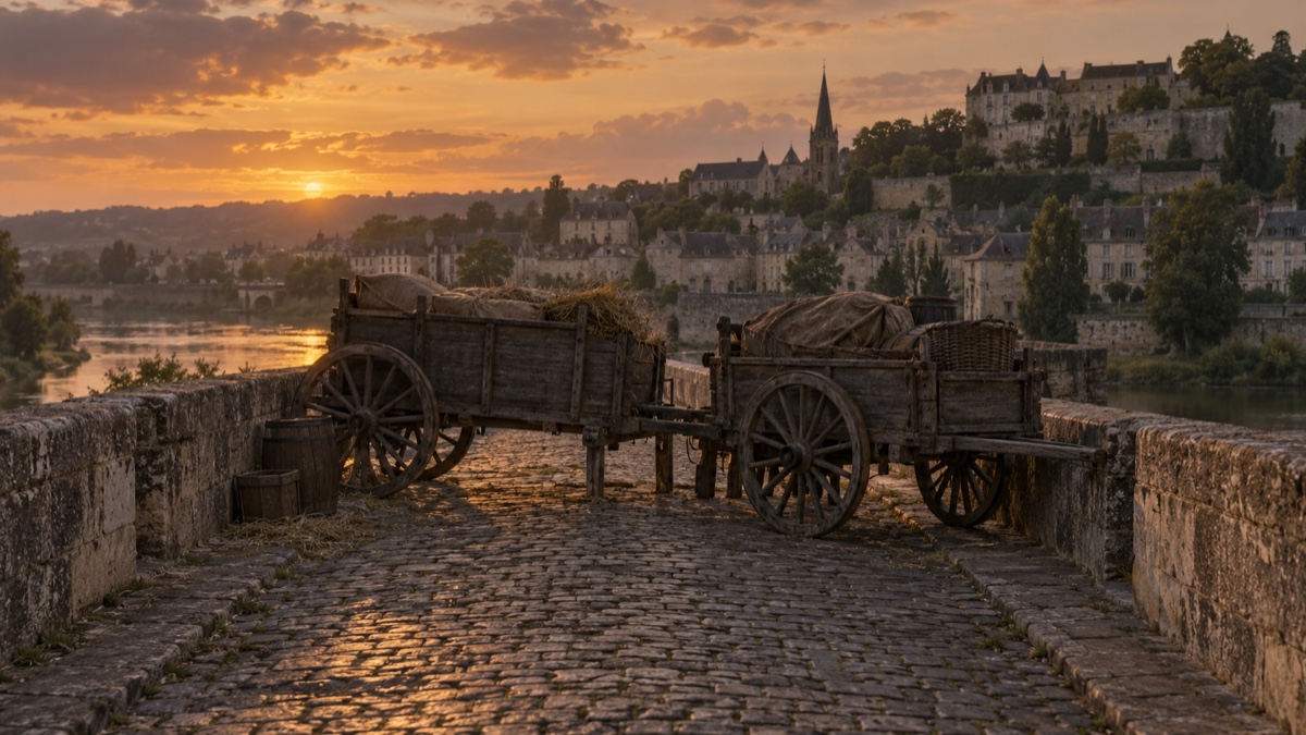 Illustration contemporaine : Pont de pierre et charrettes dans une lumière de fin de journée.