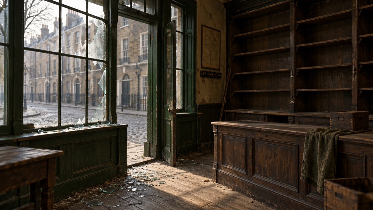 Illustration contemporaine : Vitrine brisée et étagères vides d’une boutique géorgienne.