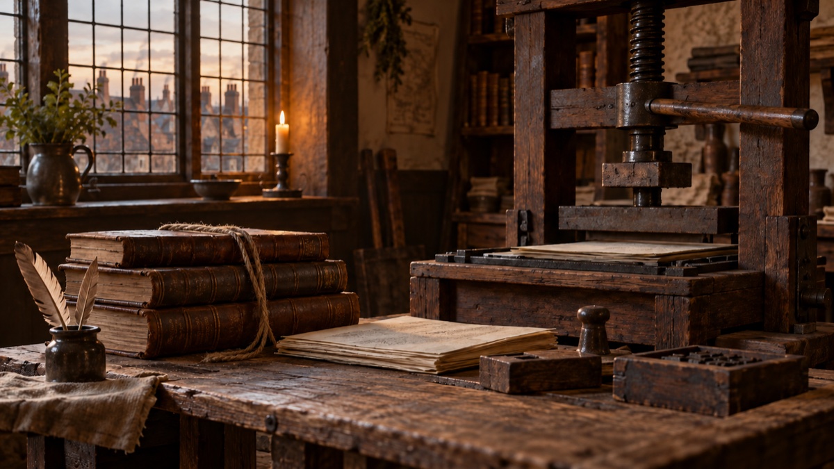 Illustration contemporaine : Livres reliés et petite presse dans un atelier du XVIIe siècle.