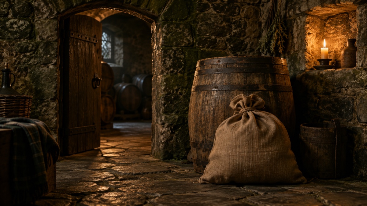 Illustration contemporaine : Sac de toile fermé et tonneau dans une cave de pierre.