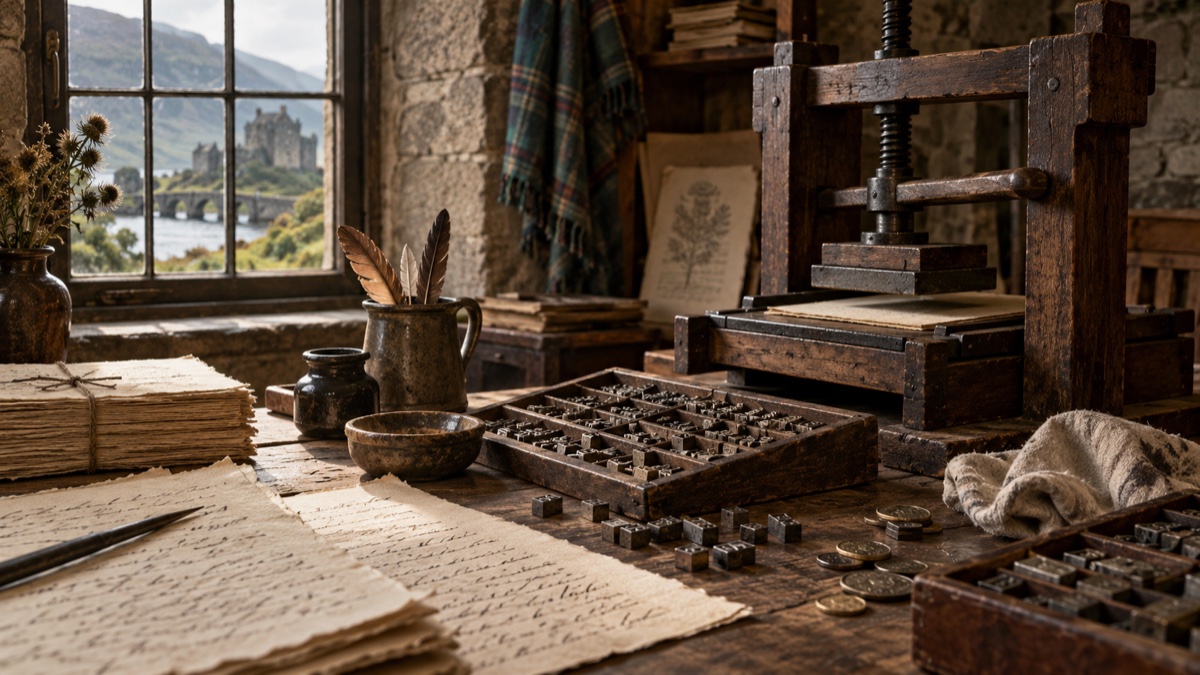 Illustration contemporaine : Feuillets et caractères métalliques sur une table d’imprimerie.