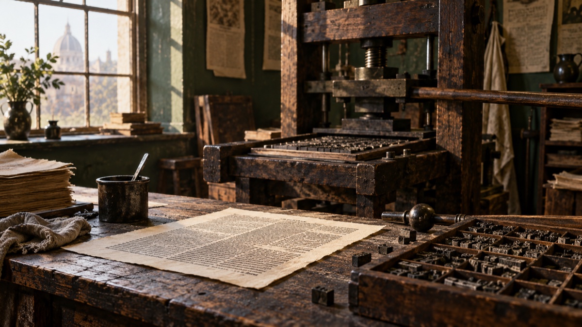 Illustration contemporaine : Presse ancienne et feuille imprimée sur un établi.