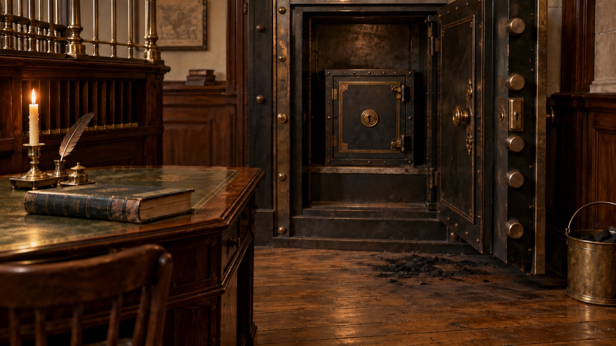 Illustration contemporaine : Porte extérieure d’un coffre ouverte sur un coffre intérieur fermé, registre et traces de suie dans une banque des années 1830.
