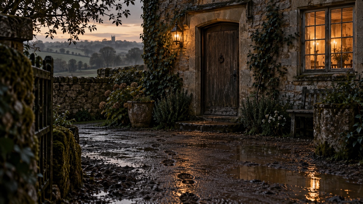 Illustration contemporaine : Porte fermée d’une maison rurale anglaise au crépuscule, avec une fenêtre éclairée et une allée humide.