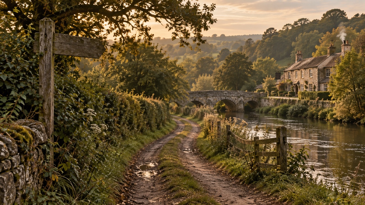 Illustration contemporaine : Chemin bordé de haies vers la Frome, avec une auberge en pierre au loin, évocation du parcours de Mary Lewis et Bartlett.