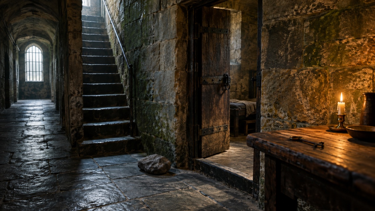 Illustration contemporaine : Escalier de prison en pierre avec une pierre rugueuse et une clé ancienne, évocation de Dumfries.
