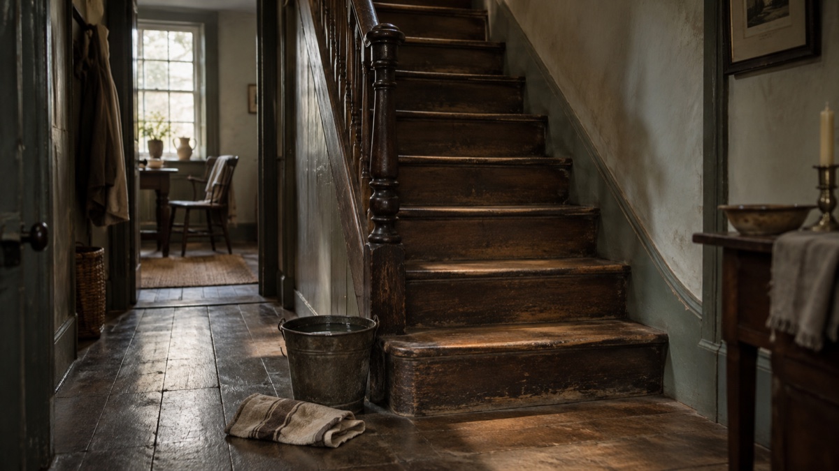 Illustration contemporaine : Escalier de bois vide et seau d’eau près d’un chiffon, dans une maison ancienne baignée de lumière douce.