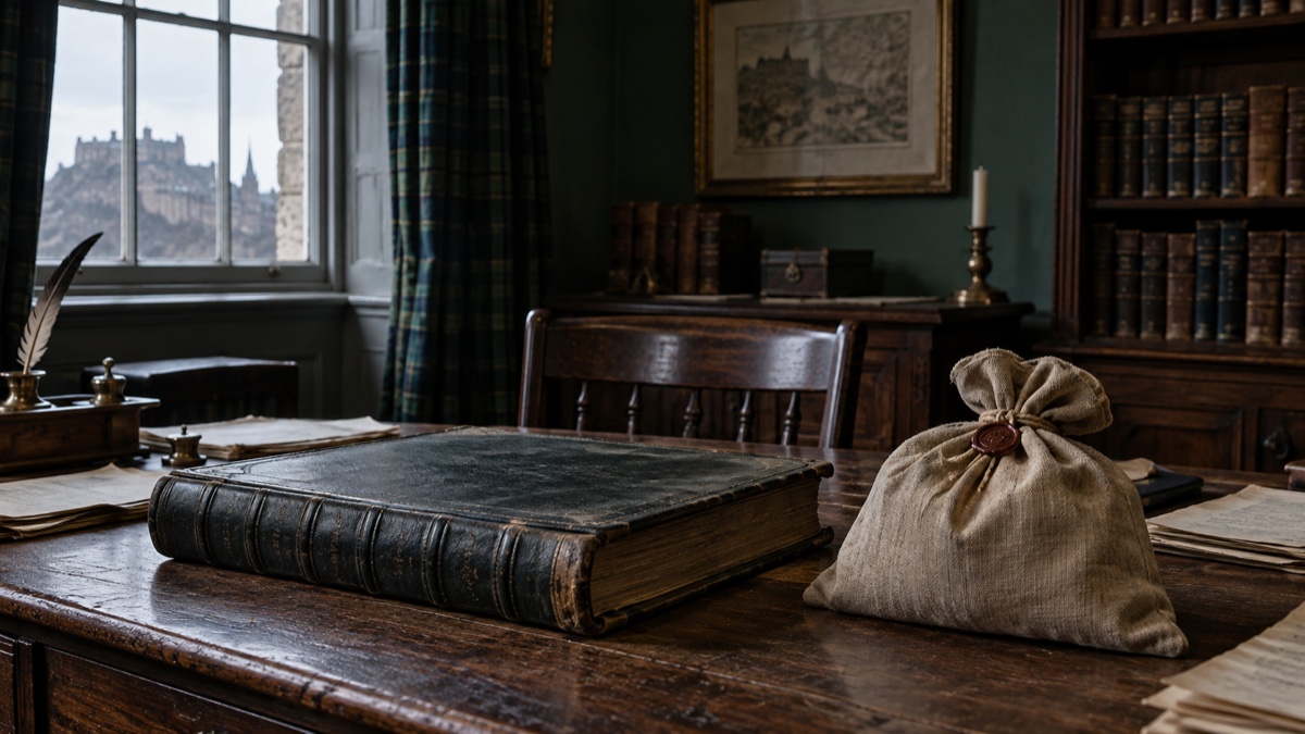 Illustration contemporaine : Livre de comptes fermé et sac de toile scellé sur une table de banque ancienne.