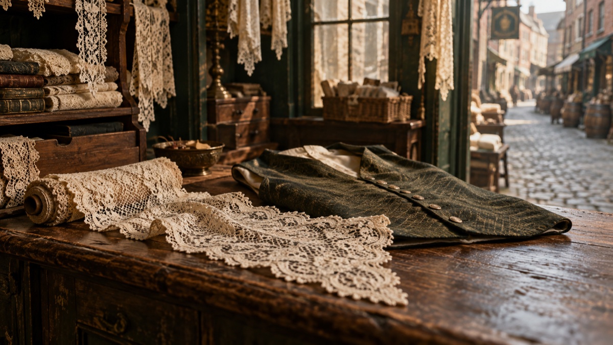 Illustration contemporaine : Bande de dentelle et gilet sur le comptoir d’un marchand londonien du XVIIIe siècle.