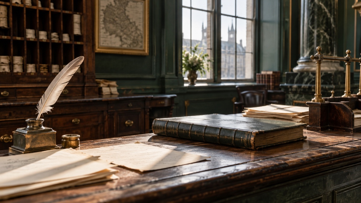 Illustration contemporaine : Registre fermé et feuilles sans écriture lisible sur un ancien comptoir bancaire éclairé par la fenêtre.