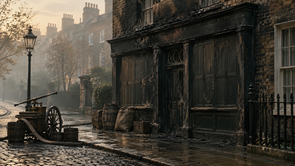 Illustration contemporaine : Boutique londonienne de 1832 à façade noircie et pompe à incendie manuelle, sans personne.