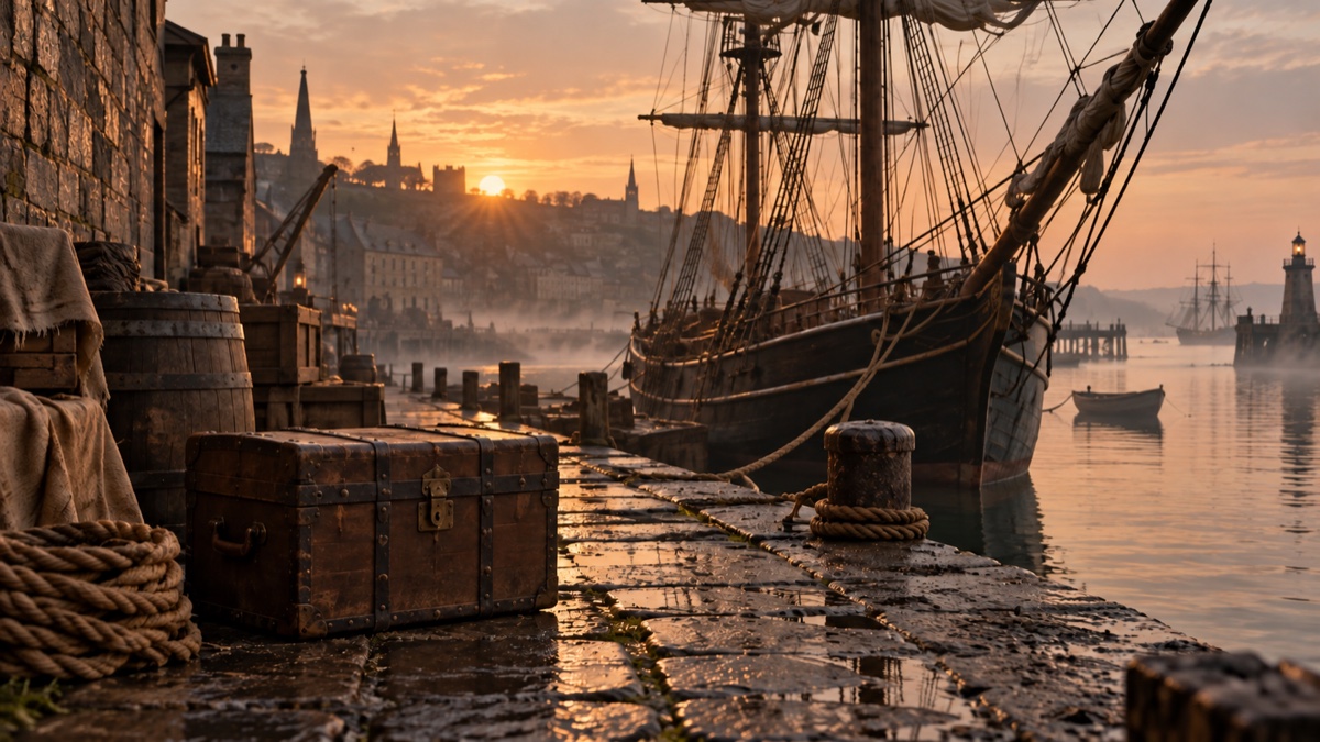 Illustration contemporaine : Malle de voyage près d’un voilier amarré à un quai anglais, évocation du départ manqué de Hunton.