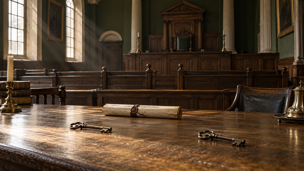 Illustration contemporaine : Deux clés anciennes et un rouleau fermé sur une table de tribunal vide, évocation du différend des shérifs.