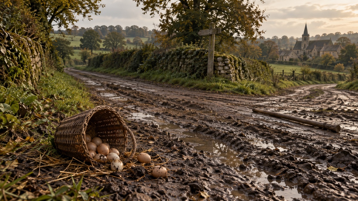 Illustration contemporaine : Panier d’œufs renversé sur un chemin rural normand entre haies, au crépuscule.