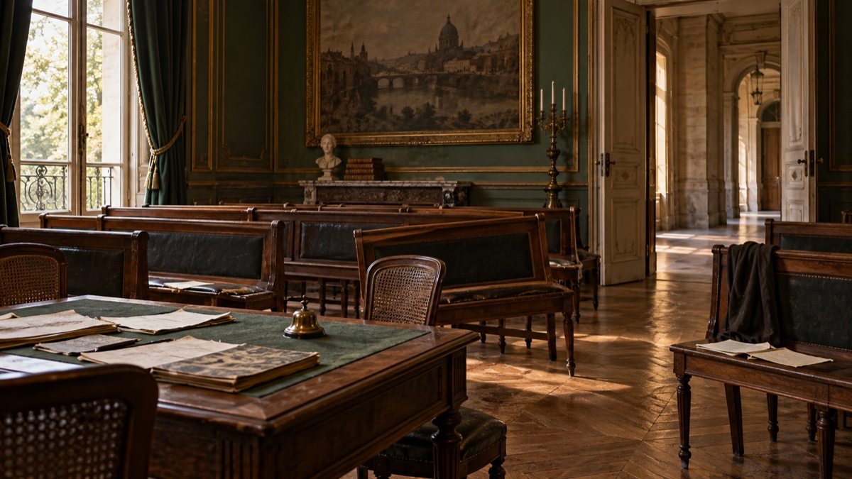 Illustration contemporaine : Salle de réunion sans personnes, bancs et sonnette sur une table, lumière ambrée.