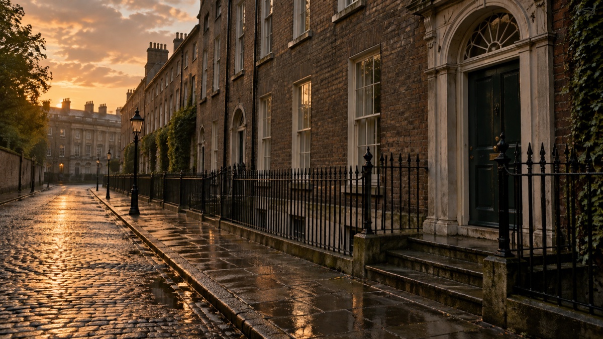 Illustration contemporaine : Rue ancienne de Dublin après la pluie, devant une porte fermée de maison de ville.