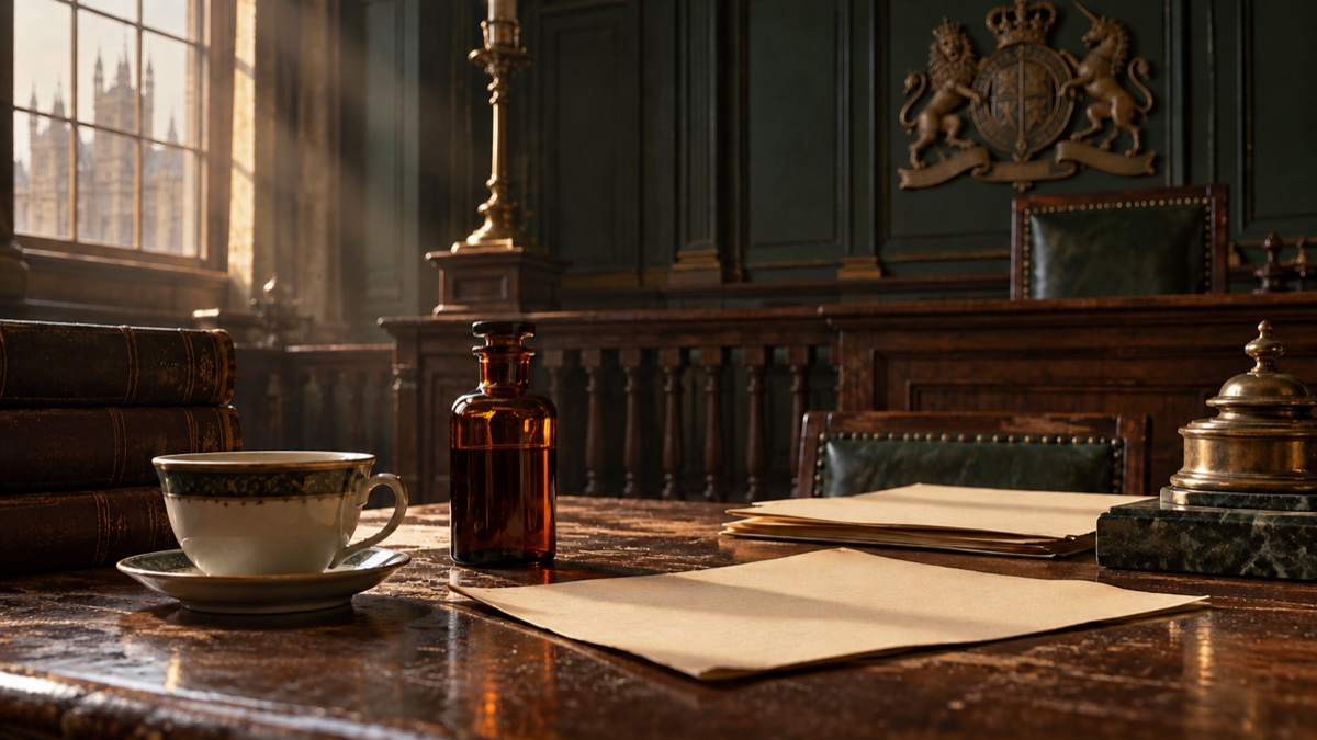 Illustration contemporaine : Tasse vide, flacon fermé et papiers illisibles sur une table d’audience ancienne.