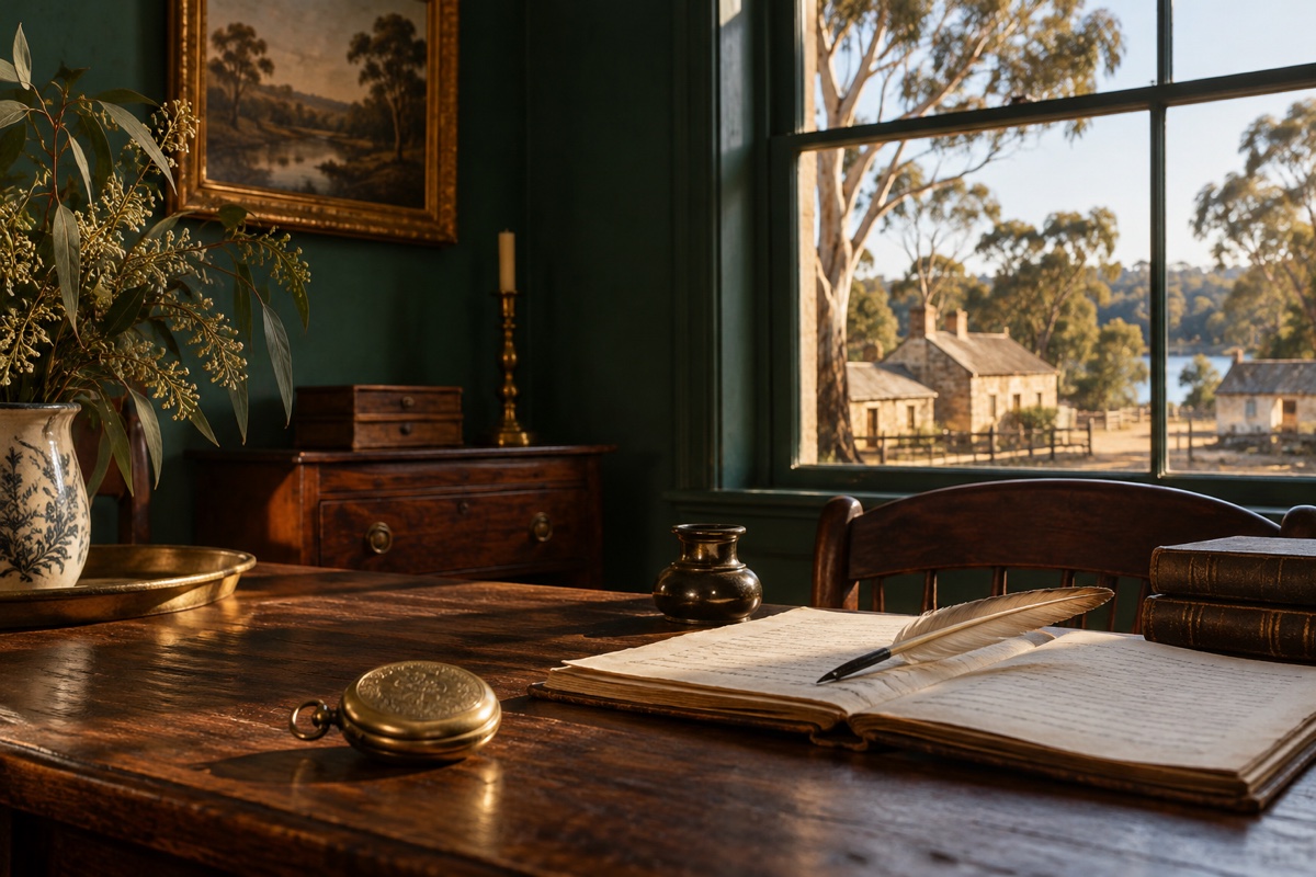 Illustration contemporaine : Montre et registre dans un bureau colonial, évocation contemporaine.