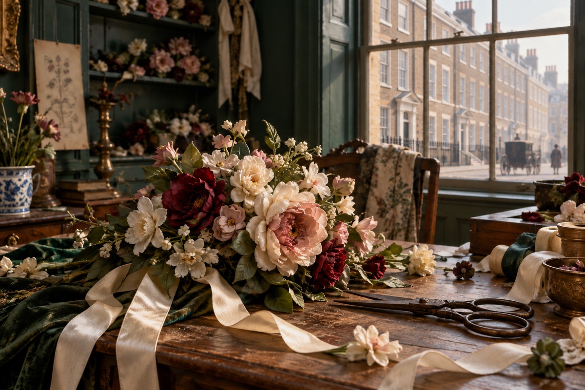 Illustration contemporaine : Fleurs en tissu dans un atelier londonien, évocation contemporaine.