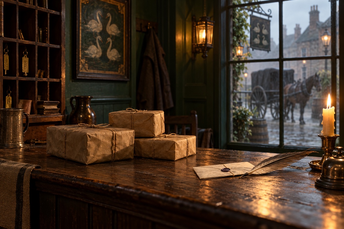 Illustration contemporaine : Trois colis ficelés sur le comptoir d’une auberge londonienne, évocation contemporaine.