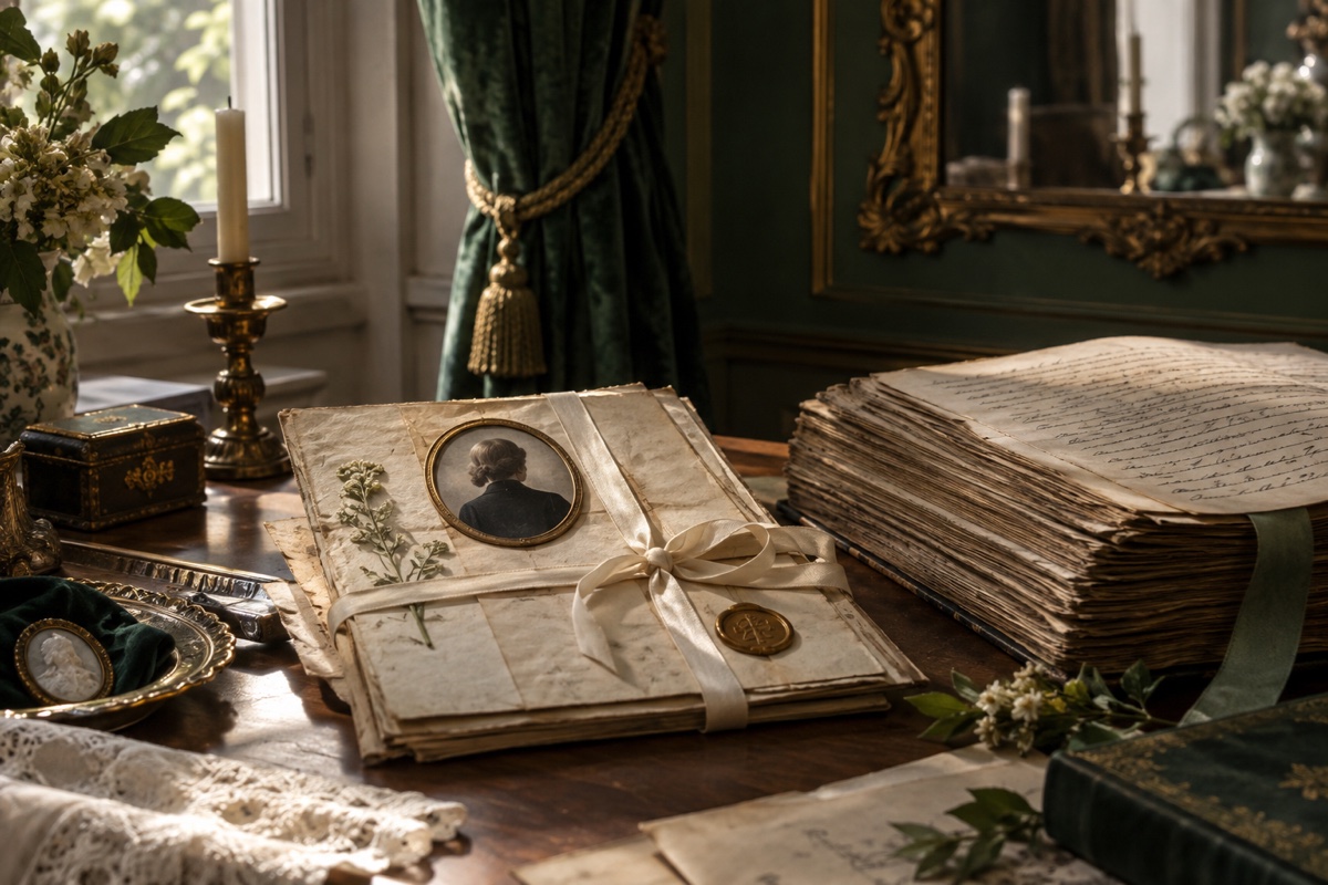 Illustration contemporaine : Papiers liés par un ruban et portraits miniatures sur une table, miroir encadré au mur.