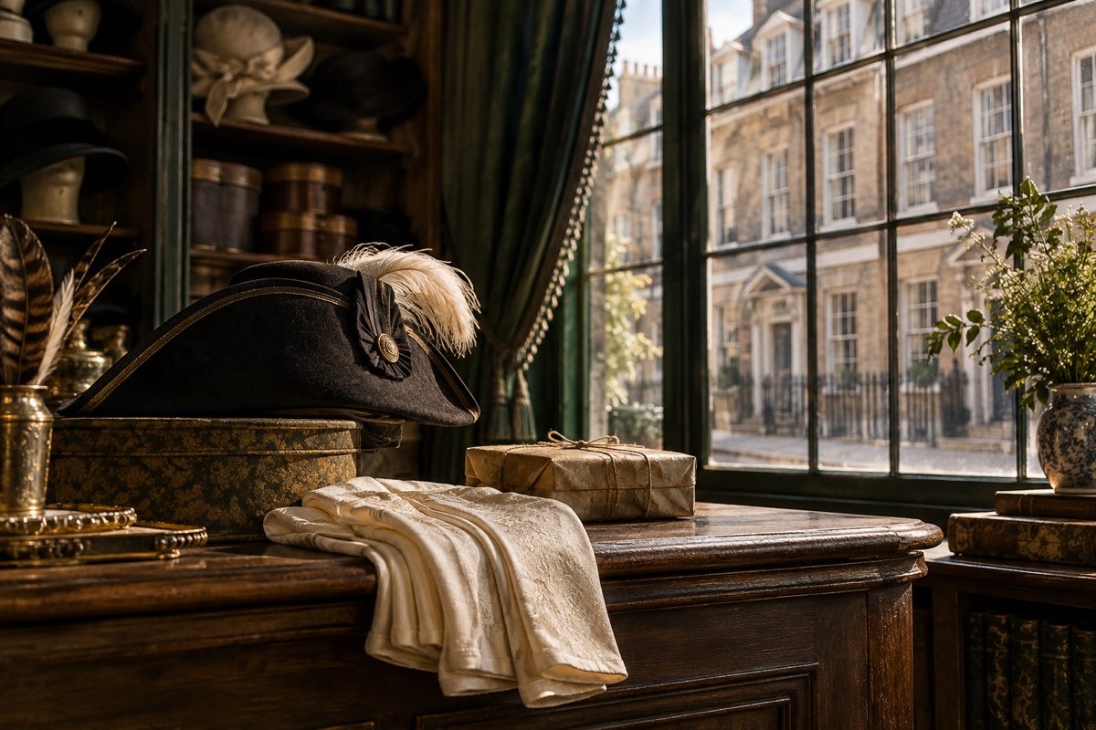 Illustration contemporaine : Bas de soie et paquets dans une boutique ancienne.