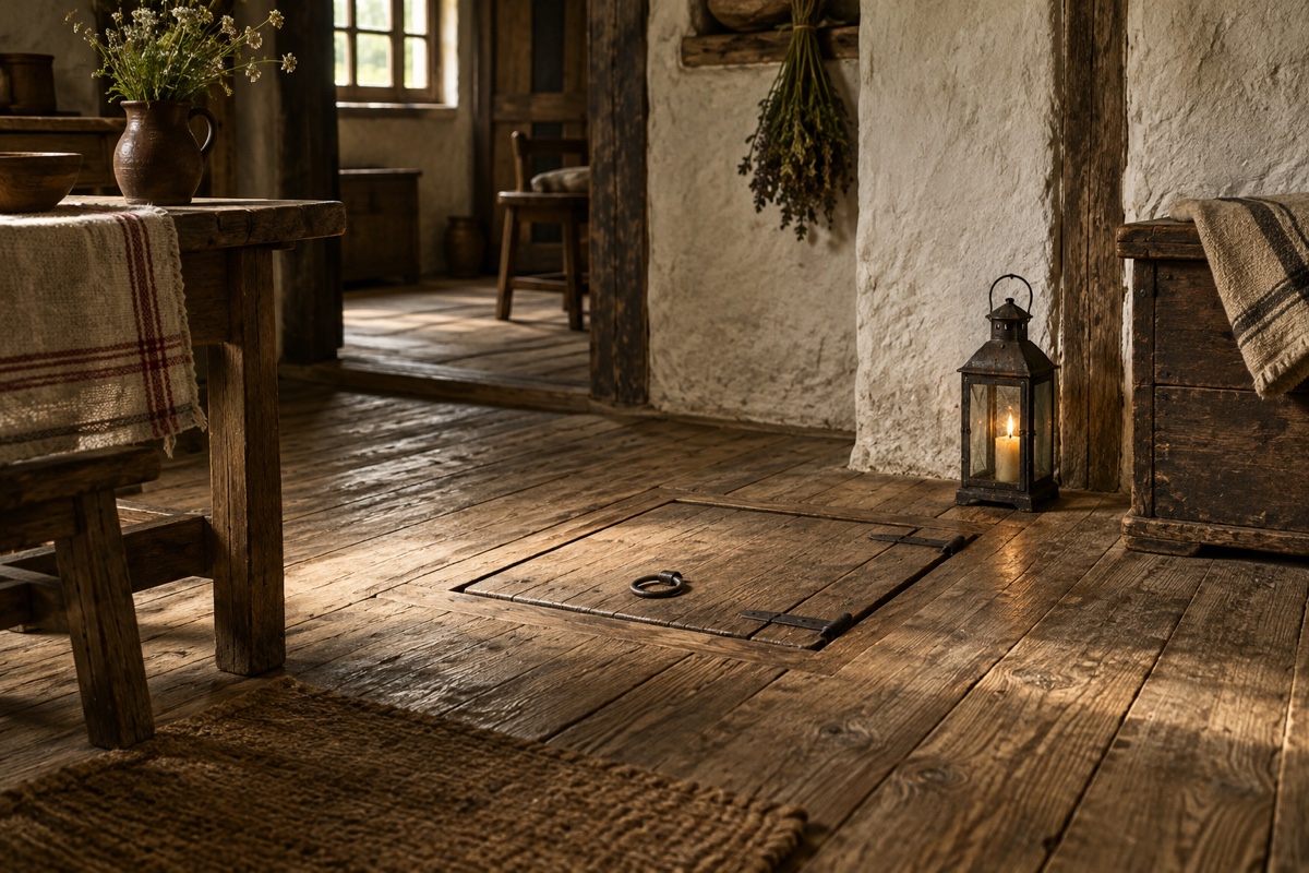 Illustration contemporaine : Trappe ouverte dans le plancher d’une ferme.