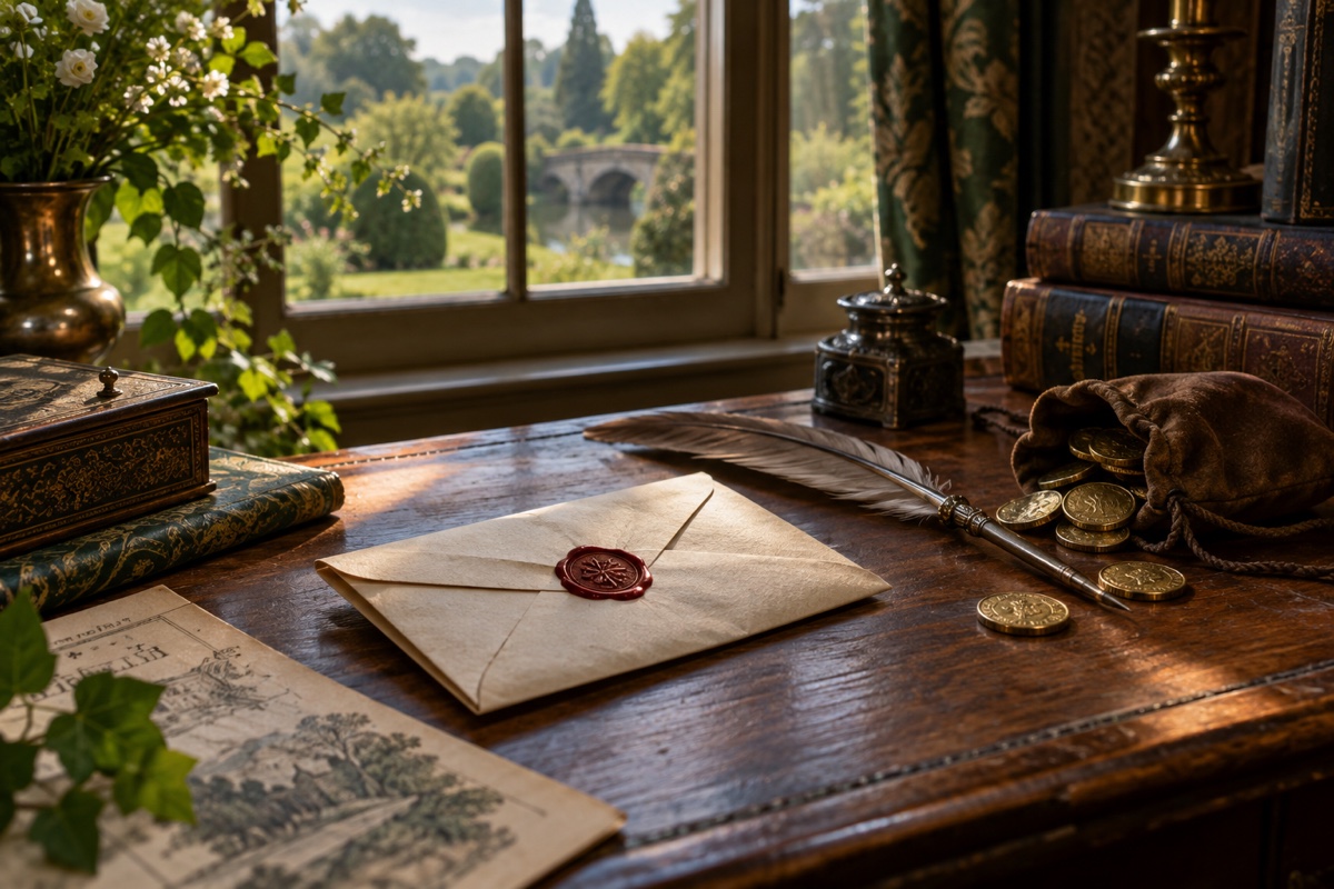 Illustration contemporaine : Lettre et bourse sur une table près d’un jardin.