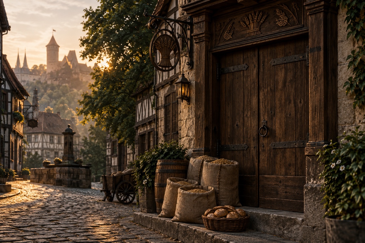Illustration contemporaine : Porte d’une boutique et panier de pains.