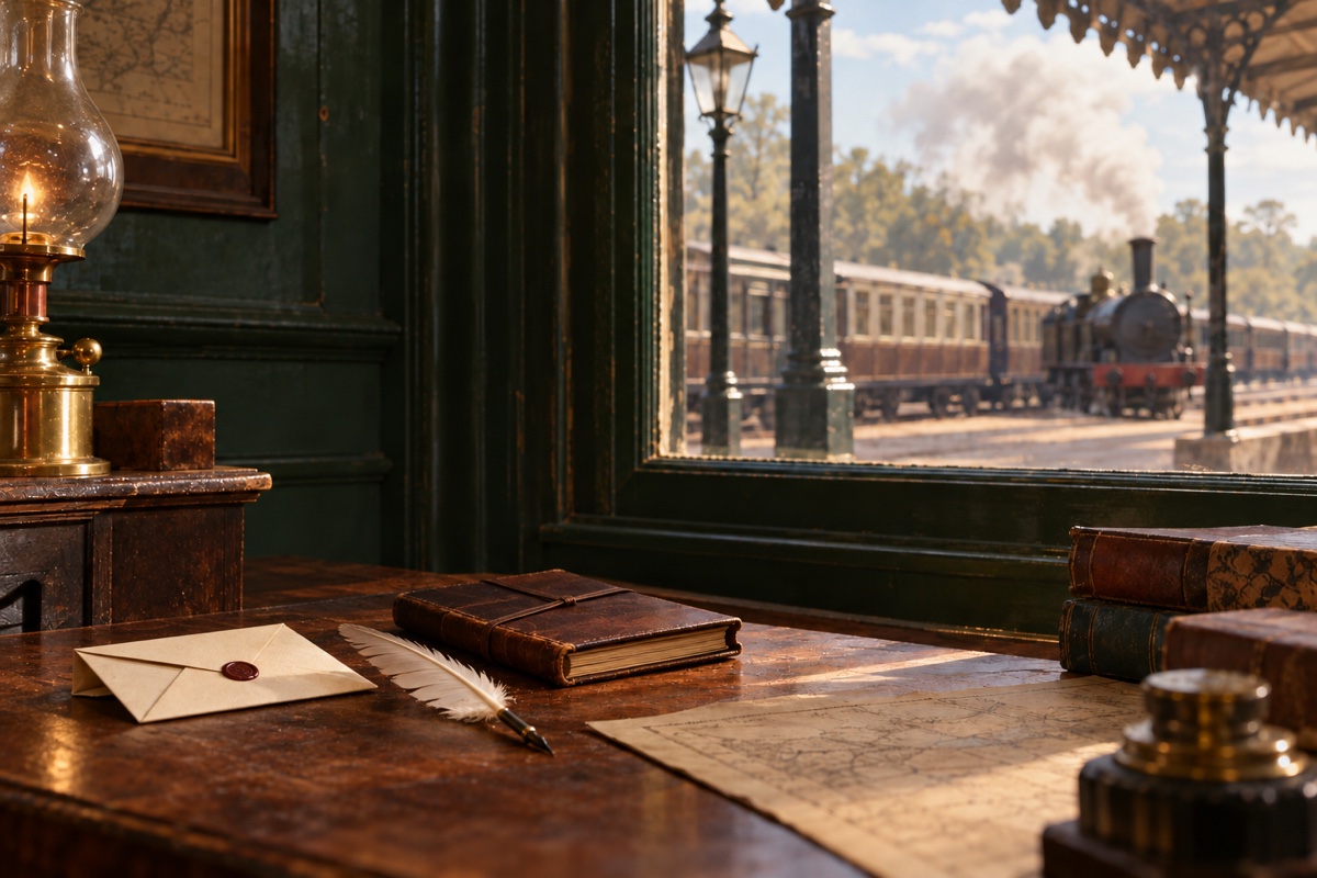 Illustration contemporaine : Lettre et carnet sur une table devant une voie ferrée à Slough.