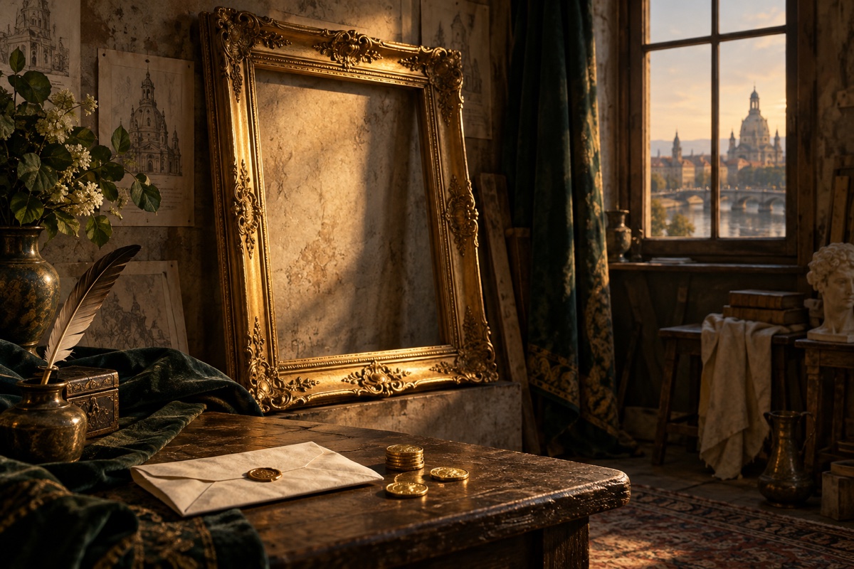 Illustration contemporaine : Cadre vide et dessins dans un atelier.