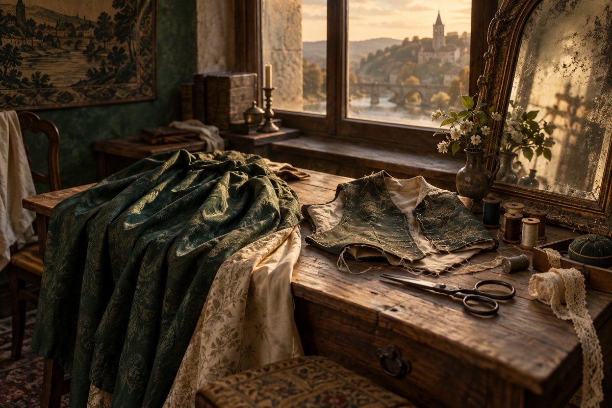 Illustration contemporaine : Étoffe et gilet inachevé dans un atelier de tailleur.